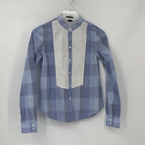 Theory Hamnet button front shirt blouse top tuxedo pleated bib blue plaid Small